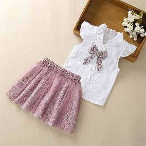 Sommar Baby Girl Clothes Kids Bay Toddler Chiffon Bowknot T-shirt + Pants Girls 'Kläder Sats 3-7Y 210528