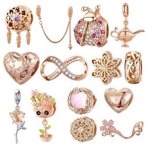 Wostu Charms 925 Sterling Gold Farbe Rose Blume Marienkäfer Herstellung Original Perlen Silber 925 Schmuck Geschenk