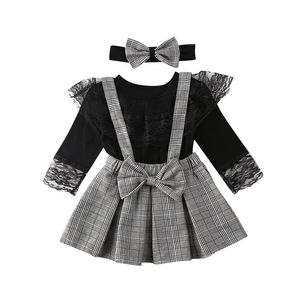 1-6Y Toddler Kid Girl Baby Kläder Set Svart Långärmad Lace T-shirt Toppar + Plaid Ruffles Kjolar Overaller Spring Girl Costumes 211021