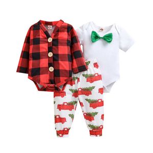 Baby Boys Christmas Clothes Set Plaid Långärmad Romper + Bowtie Kortärmad Romper och Skriv ut Byxor Gulliga 3PCs Nyfödda Kids G1023