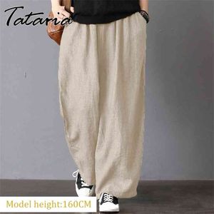 Women's Cotton Gray Pants Elastic Waisted Plus Size Khaki Casual Loose Ankle-length Trousers Female Elegant Streetwear 5XL 210925