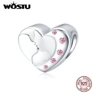 WOSTU Sweet Love Kissing Heart Charms 925 Sterling Silver Pink Zircon Beads Fit Original Bracelet Wedding Jewelry Gift CTC182 Q0531