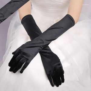 Kobiety Stretch Halloween Satynowe Rękawiczki Panie Eleganckie Vintage Wieczór Party Prom Długie Czarny White1