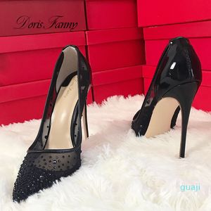 Casual Sexy lady fashion women pumps black mesh crystal Rhinestone point toe stiletto high heels shoes brand new stripper 12cm 10cm 2992
