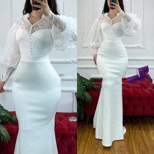 Weiße Abendkleider Designer Meerjungfrau Satin Long Dichter Ärmel maßgeschneiderte Plus -Größe formelle OCN Wear Arabic Spitzen Prom Party Ballkleid Vestidos