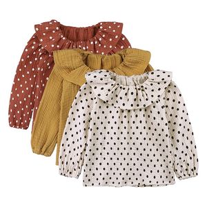 Criança Bebé Camisa T-shirt de Manga Longa Kids Infantil Peter Pan Collar Tops Algodão Roupa de Linho Meninas Blusa Dot Bebê Outfits 110 Y2