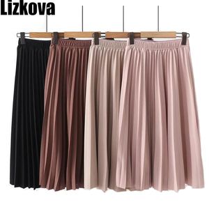 Lizkova Pink Pleated Skirt Mulheres Plus Size Midi Jupes Primavera Mujer Elastic Waist Casual Flades Pyq011 210724