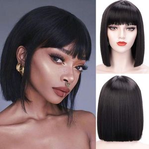 Dantel Peruk Kısa Bob Peruk Gerçek Saç Bangs ile Düz Siyah Kadınlar Için Brezilyalı İnsan Tutkalsız Pixie Cut Remy