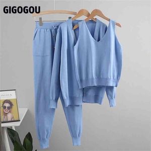 GIGOGOU Women Tracksuits Chic 3 Piece Set Costume Knitted Solid Lounge Suit Cardigan Sweater + Jogger Pants+ Sleeveless Tank Top 210914