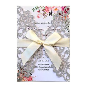 Kartki z pozdrowieniami 50 sztuk Glitter Papierowy Laserowy Cut Wedding Invitation Card Printing Business Dostosowane Urodziny Boże Narodzenie Party Decor