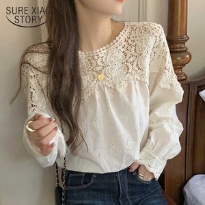 Plus Size Spring Lace Kvinnor Blus o Neckor Hoka Hollow Lace Stitching Shirt Koreanska Stil Aprikos Mjuka Långärmade Toppar 13354 210528