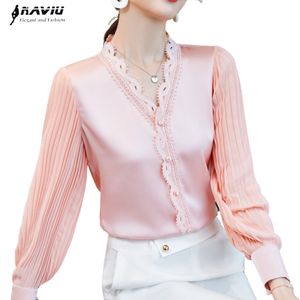 Pink V Neck Shirt Women Autumn Lace Puff Sleeve High-End Fashion Temperament Design Silk Blouses Office Ladies Formal Work Tops 210225