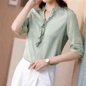 Koreanische Seide Frauen Blusen Hemd Rüschen Satin Bluse Büro Dame V-ausschnitt Top Plus Größe Blusas Femininas Elegante 210531