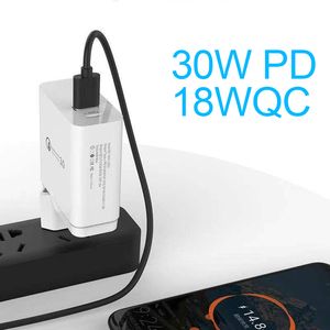 Carregador de parede 48W Reino Unido / US / UE Plug 30W PD Carregamento + 18W QC 3.0 Porta Adaptador mais rápido tamanho pequeno