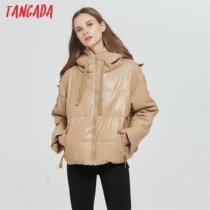 Tangada Winter Women Khaki Fur Faux Skórzany płaszcz kurtki Ogólny zamek błyskawiczny Zakapi z kapturem PU ponad 6A170-1 211216