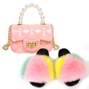 Girls Fox Fur Slippers Fullfy Furry Fur Slides Child Rainbow Jelly Bags Pearl Chain Handbag Toddler Kids Cute Fur Shoes Bag Set 922