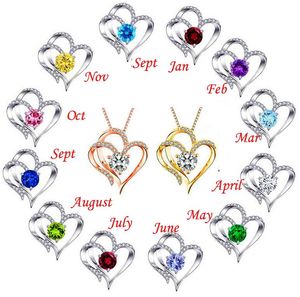 Doppelte Herz-Anhänger-Halskette, exquisite beschriftete Diamant-Halsketten für Damen und Mädchen, 12 Monate Geburtsstein, romantischer Schmuck, Weihnachten, Valentinstag, Geschenk mit Kette