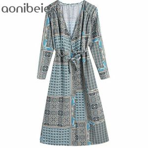 Vintage Totem Print High Waist Women A-Line Midi Klänning Sommar Fashion Deep V Wrist Sleeve Kvinna Casual Wrap 210604