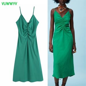 Za Green Sexy Strap Backless Long Dress Women Summer Ruched Evening Party Dresses Woman Elegant Gowns Vintage Vestidos 210630