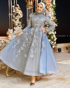 Elegante azul muçulmano frisado vestidos de noite alta pescoço appliqued mangas compridas vestidos de baile uma linha chá comprimento lantejoulas organza vestido formal