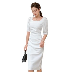 セクシーなオフィスタイトなドレス韓国の女性夏半袖スクエアネックフォーマルキャバレーパーティードレスフィッシュ210602