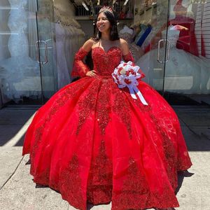 Vermelho Sparkly Quinceanera Vestidos 2021 Lace Applique Frisado Sweetheart Lace-up Espartilho Sweet 15 Vestido Princesa Prom Vestido de Formatura