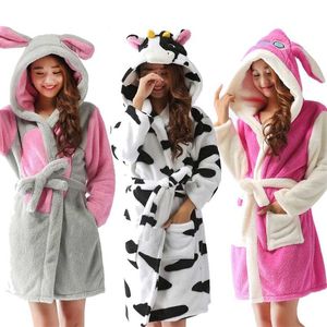 Kigurumi Spring Autumn Hooded Women Bathrobe Cartoon Bath Robe Szlafrok Animal Warm Dressing Gown Soft Women's Sleepwears Robes 211130