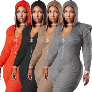 Women Knitted Skinny Rompers Designer Female Long Sleeve Casual One Piece Jumpsuit Fashion Trend Sexy Slim Zipper Hooded Plus Size Bodysuits