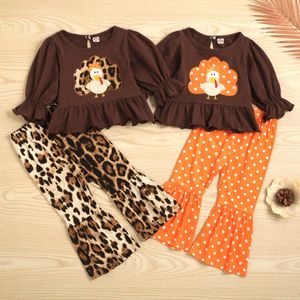 Kläder uppsättningar höst 2pcs barn baby tjejer outfits kalkon broderi o-neck långärmad toppar leopard print flared byxor 1-6y