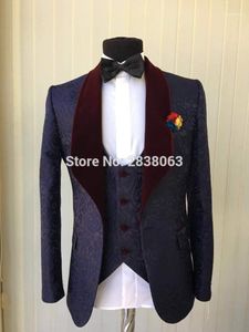 Herrenanzüge Blazer Herren Großhandel - Trauzeugen Schal Burgund Revers Bräutigam Smoking Schwarz Männer Side Vent Hochzeit Mann (Jacke + Hose