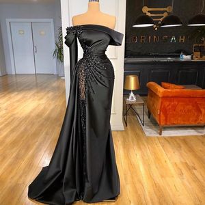 Black Girls Mermaid Prom Dress Crystal Beading Strapless Neck Long Sleeve Evening Gowns Side Split Formal Quinceanera Dresses