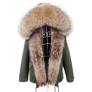 マヨマコン冬の服女性の自然な毛皮のコートリアルアライグマの毛皮の襟パーカーファックスファーライニングショートジャケット女性コート211018