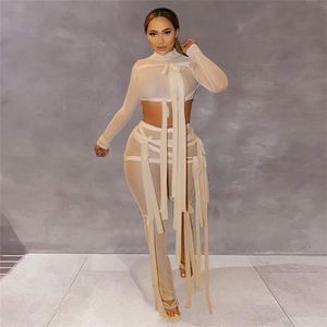 Ribbons Hipster Sheer Mesh Sexy Two Piece Set Women Turtleneck Crop Top+Pants Solid Street See Through Matching Outfit 211105