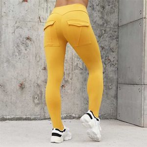 NORMOV Workout Frauen Leggings Hohe Taille Elastische Push-Up Mit Tasche Knöchel Länge Polyester Legging Casual Gelb 211204