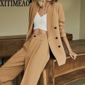 Za Women Fashion Office Wear Double Breasted Blazers Coat Vintage Långärmade fickor Kvinnliga Ytterkläder Chic Toppar 210602