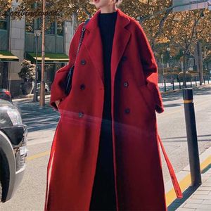 Vermelho Woolen Casaco Mulheres Meia-comprimento Coreano do Outono e Inverno Over-the-joelho temperamento solto casaco de lã 211110
