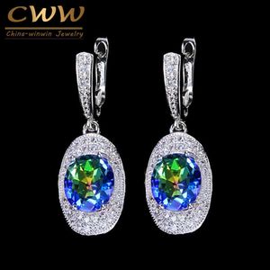 Stunning Silver Color Oval Shape Rainbow Fire Light Blue Crystal Huggie Drop Dangle Earring for Women CZ226 210714