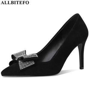 ALLBITEFO fashion bow-knot women heels natural genuine leather high heel shoes classic girl party ladies shoes 210611