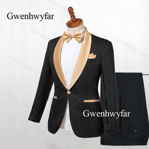 Gwenhwyfar Schwarzer Smoking Gold Revers Blazer 2 Stück Herrenanzüge Jacquard Anzug Smoking 2019 für Hochzeit Herrenanzüge (Jacke + Hose) X0909