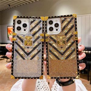 iPhone 13 Pro Max XR XS 8+ 7+ 6S + Plus Bling Rhinestone Diamond IP12 Mini DefenderバックカバーのファッションLデザイナー女性の正方形の電話ケース