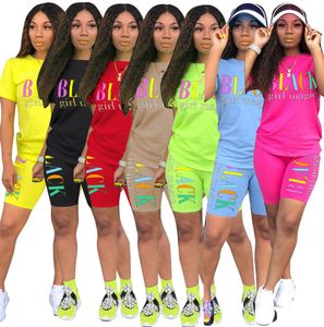 Sommer Frauen Designer 2 Stück Sets Brief Kleidung Lässige Trainingsanzüge Kurzarm T-Shirt Biker Anzüge Sportswear Plus Größe