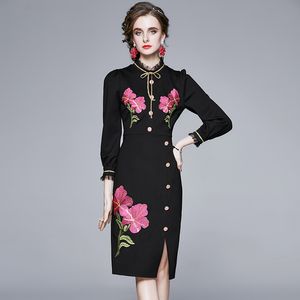 エレガントなデザイナーの女性のメッシュラッフル刺繍のドレスブラックセクシーなオフィスビジネスカクテルパーティーボディコンペンシルドレスvestidos 210525