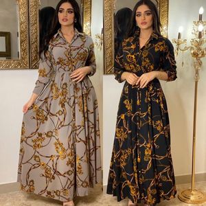 Vestidos Casuais Moda Francês Elegante Para Mulheres Verão Retro Estampado Muçulmano Dubai Abaya Lapela Camisa de Manga Longa Vestido Único