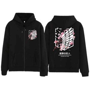 Ataque de anime em Titan Hoodies Levi Ackerman Mikasa Flor de cerejeira Casaco com zíper Sudadera Felpa Moletom H1227