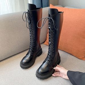 2022 Winter Plush Knee High Boots Women Black Punk Leather Combat Boots Gothic Shoes Woman Warm Fur Long Platform Boots