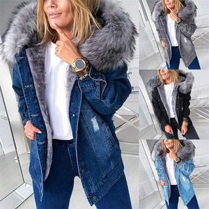 Stylish Parka Retro Plush Collar Denim Jackets Fashion Fleece Lined Warm Mid-Length Ripped Coat Women HSJ88 211014