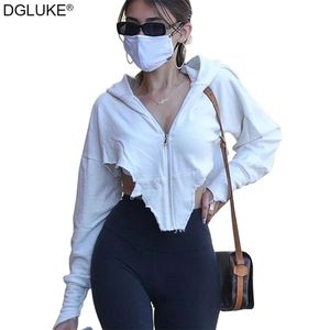 Sexy Cropped Zip Up Hoodie Mulheres Hip Hop rasgou o moletom de tamanho longo da jaqueta de streetwear de manga longa 211220