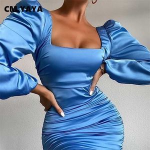 CM.YAYA High Waist Lantern Long Sleeve Stacked Draped Midi Bodycon Dress for Women Sexy Club Party Night U-neck Backless Dresses 211206