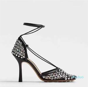 Sexy Schwarz Net Lace Up High Heels Frauen Sandalen Schafe Leder Karree Designer Party Schuhe Chic Ankle Strap Sommer sandale