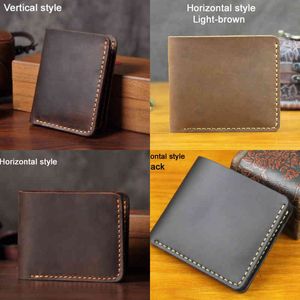 Nxy Wallet Handmade Vintage Crazy Horse Genuine Leather Men Purse Short Card for Male Money Clips Bag 0214